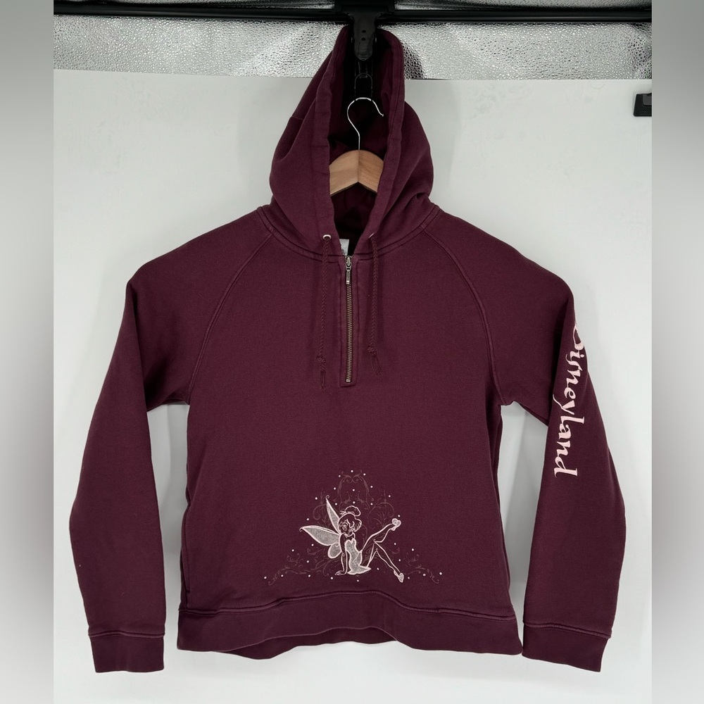 Disneyland Resort Women’s Spellout on Sleeve Maroon Hoodie Tinker Bell Sz Lg G2